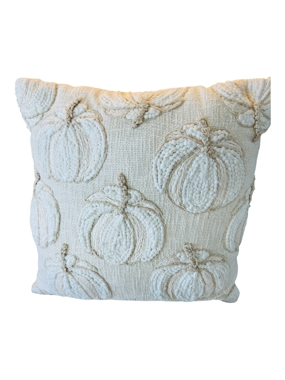 18” Ivory Pumpkin Throw Pillow Embroidered Autumn Fall Accent Cushion